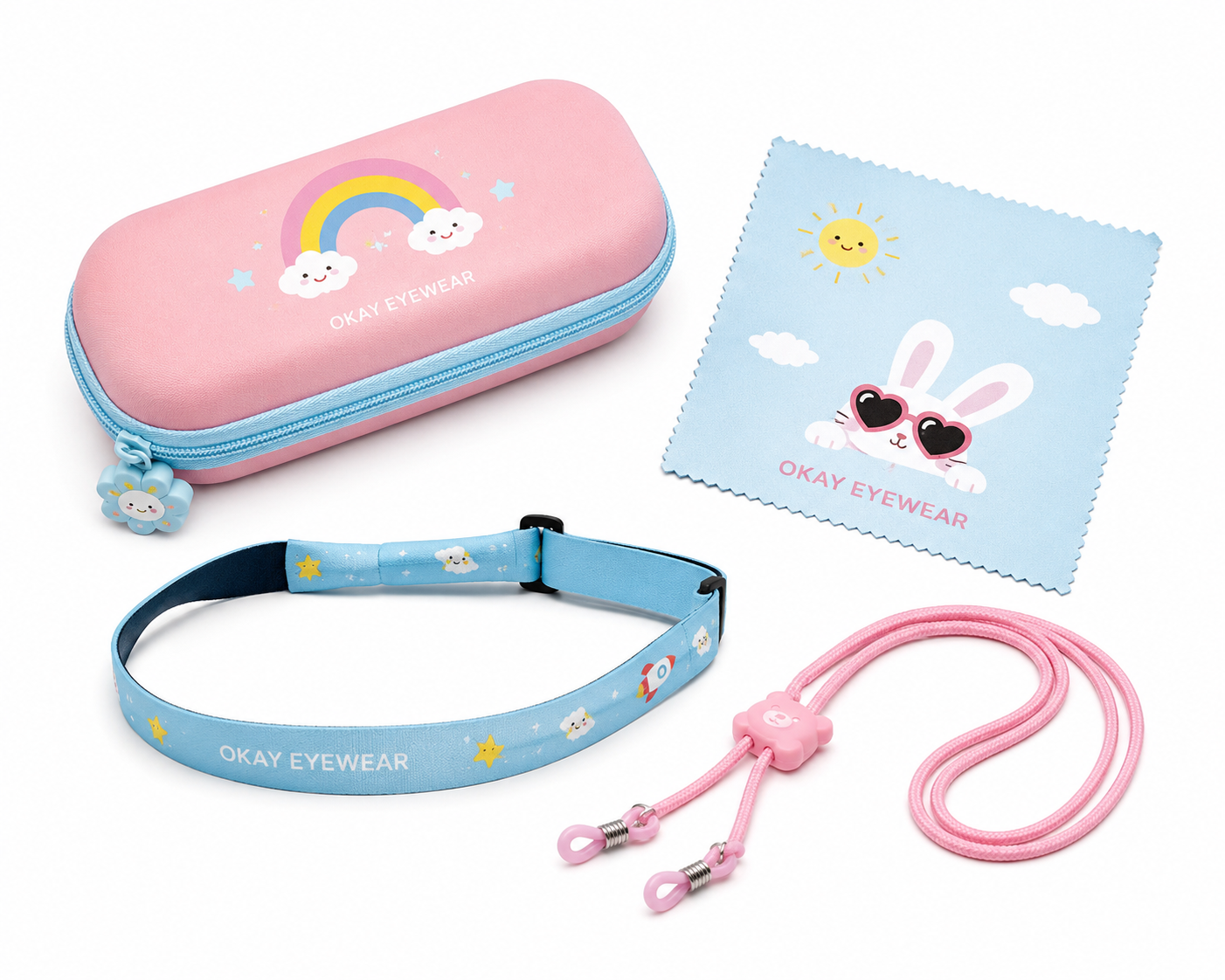 Kids eyewear accessories sample, including cases and straps