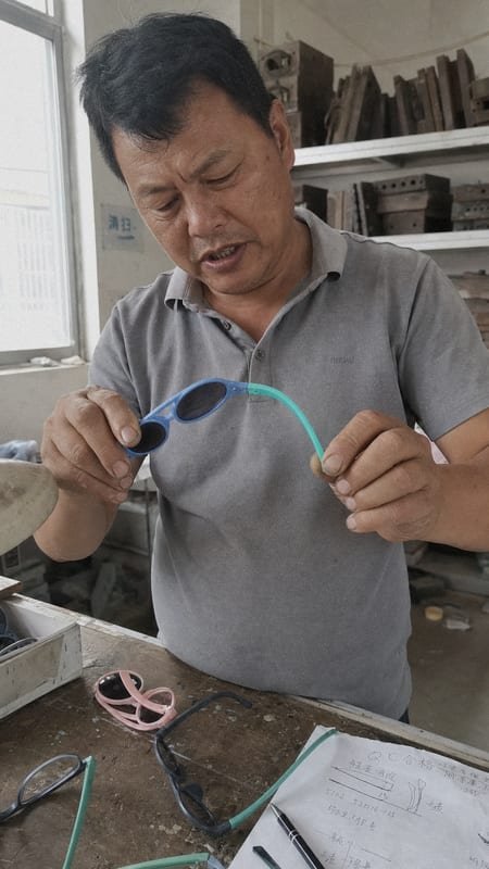 Flexible frame material demonstrating drop-resistant design for kids' sunglasses (ID#1)