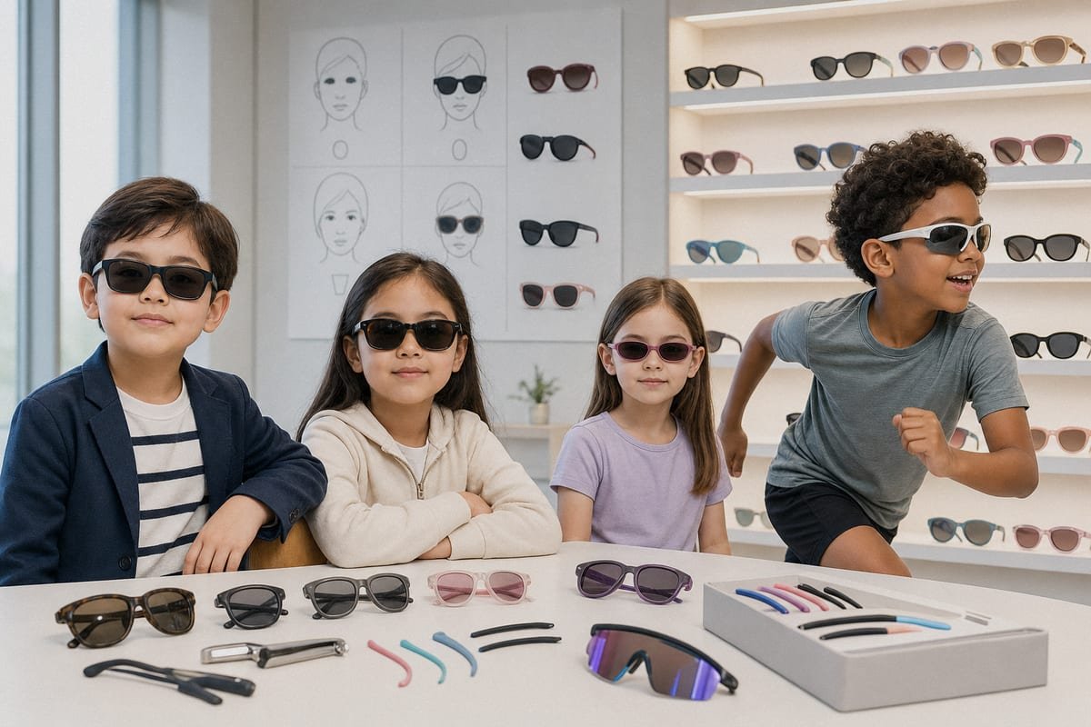 Flexible Frame Materials Flexible TPEE and TR90 materials keep active kids safely wearing sunglasses (ID#4)