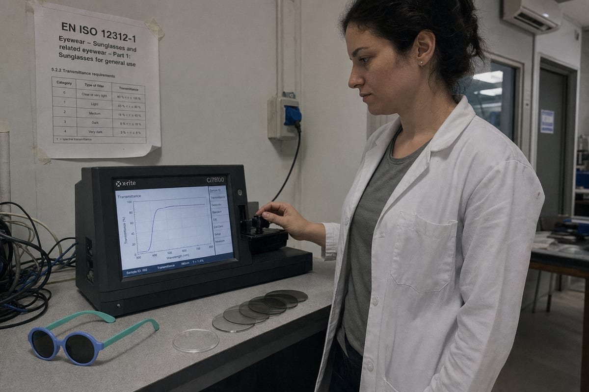 CE testing process verifying UV400 protection and lens optical quality for children (ID#3)