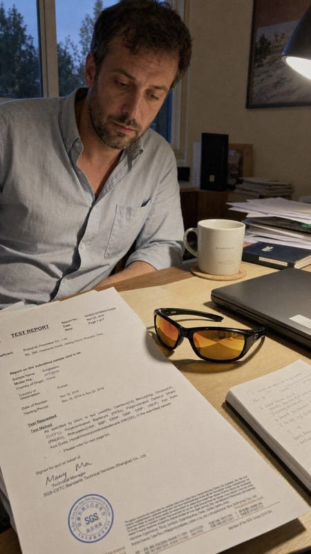 Verifying Compliance Test Reports Steps to verify manufacturer REACH and RoHS test reports before ordering kids sunglasses (ID#3)
