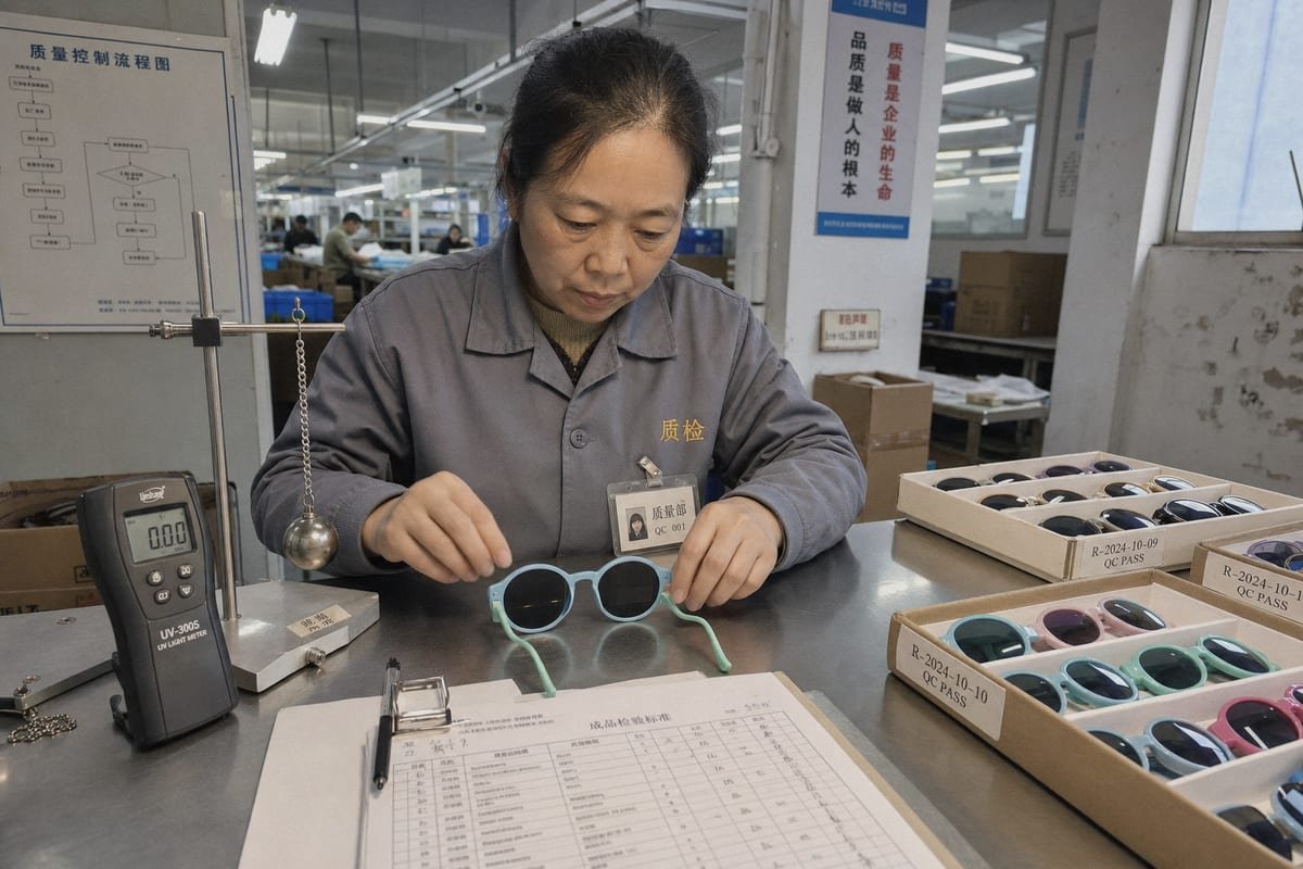 Quality inspection tests performed on kids' sunglasses before shipping process (ID#1)