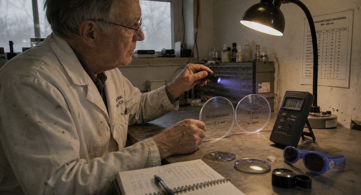 Lab tests and certificates confirming UV400 lens compliance (ID#4)