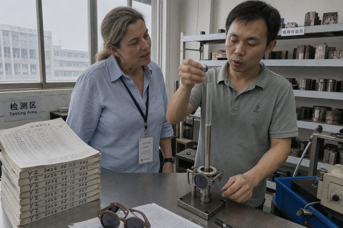 Factory Drop Test QC Factory quality control worker performing ball drop test on kids sunglasses lenses (ID#2)