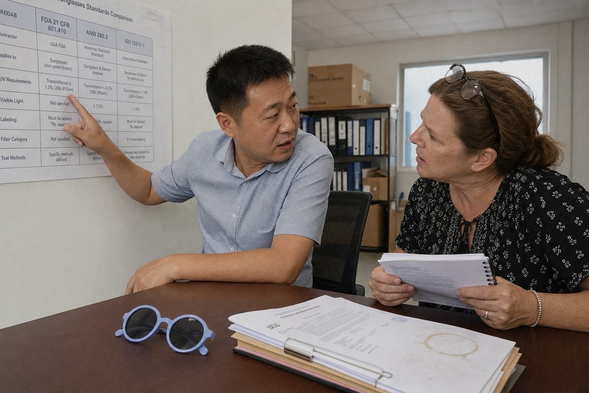 Impact Certification Standards Certification standards including FDA, ANSI, ISO and ASTM for sunglasses impact compliance (ID#3)
