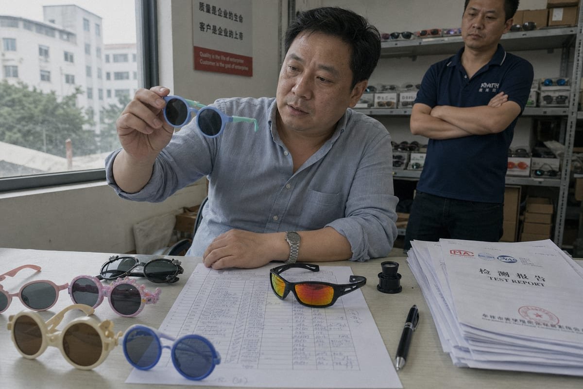 Buyer inspecting kids' sunglasses for quality and safety compliance (ID#1)