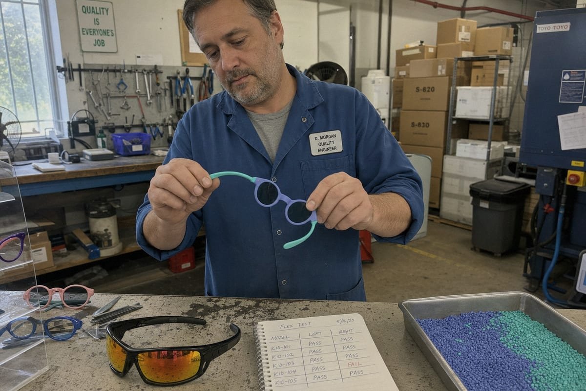 Testing TR90 frame flexibility by twisting temples and hinges (ID#3)