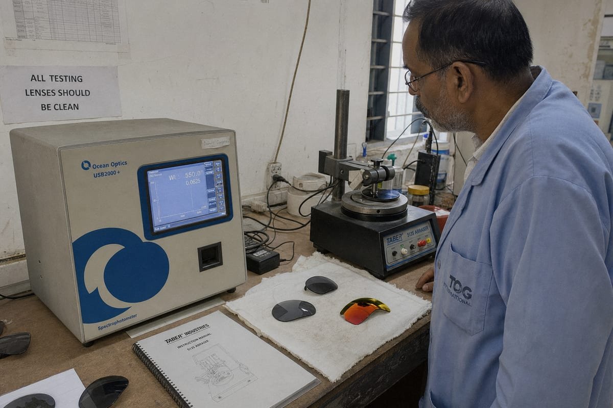 Lab testing with spectrophotometer and abrasion tests to confirm UV400 and scratch resistance (ID#3)