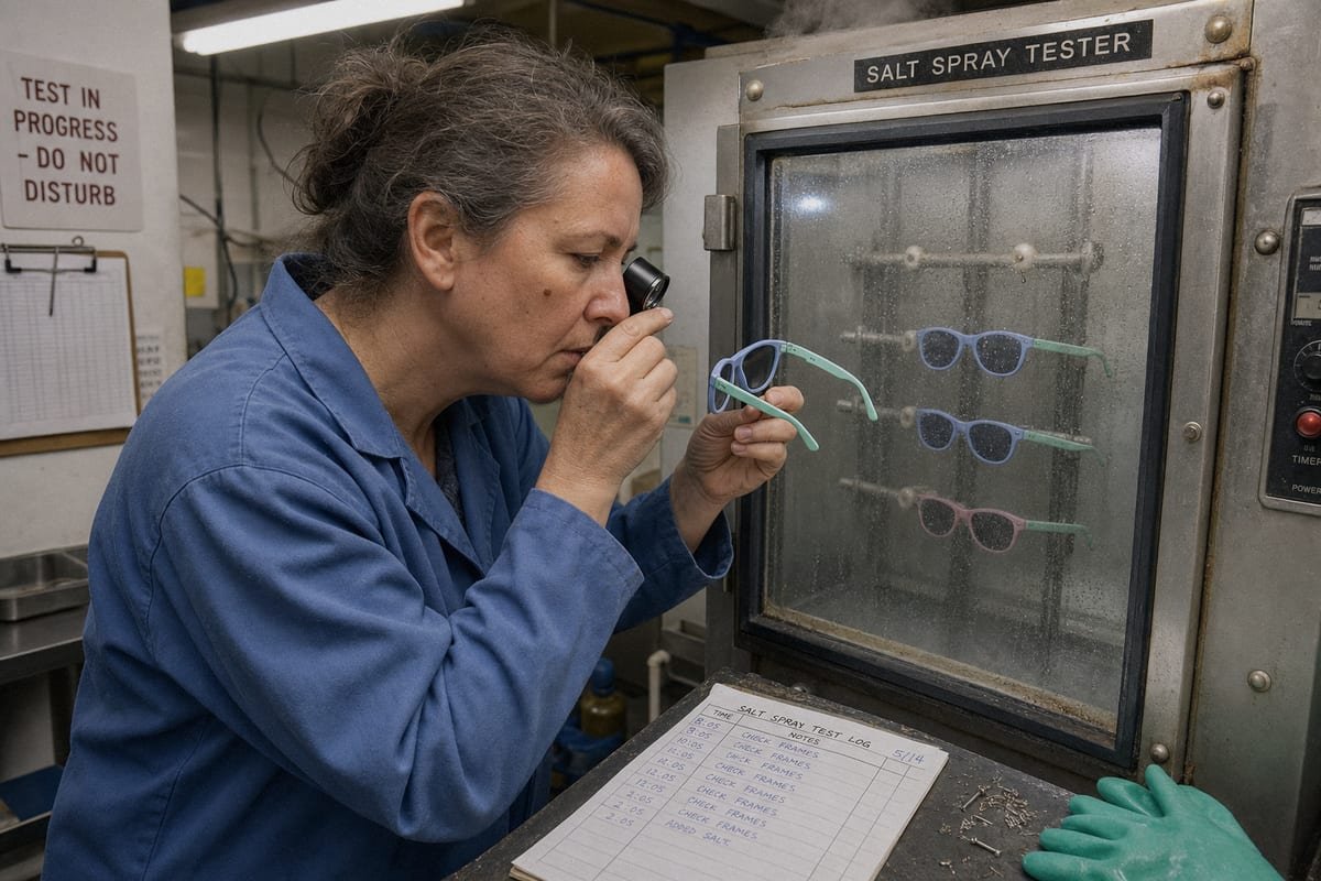 Durability Testing Explained Salt spray and temperature tests measuring corrosion and thermal stability in kids' sunglasses (ID#2)