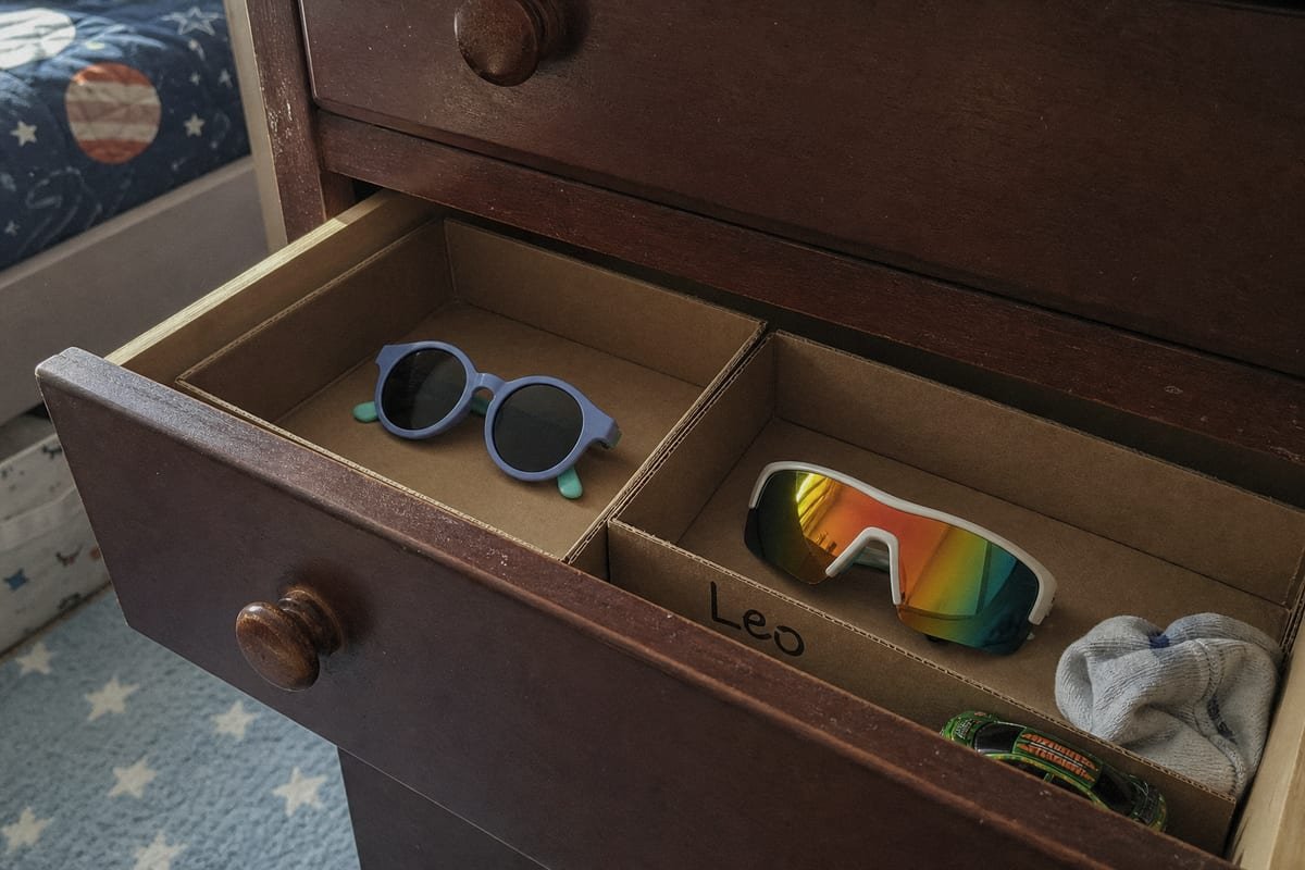 Cool dry storage spot protects kids' sunglasses frames from heat damage (ID#5)