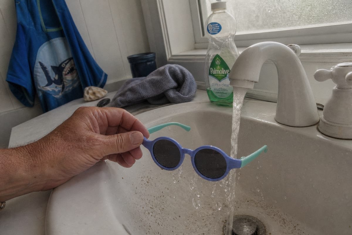 Guide to safely cleaning kids' sunglasses after beach sand and saltwater exposure (ID#1)