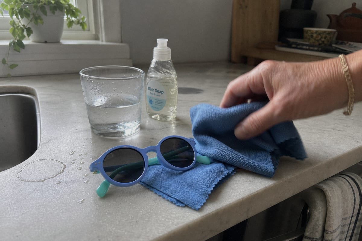 Safe tools and cleaning agents recommended for kids' sunglasses maintenance (ID#1)