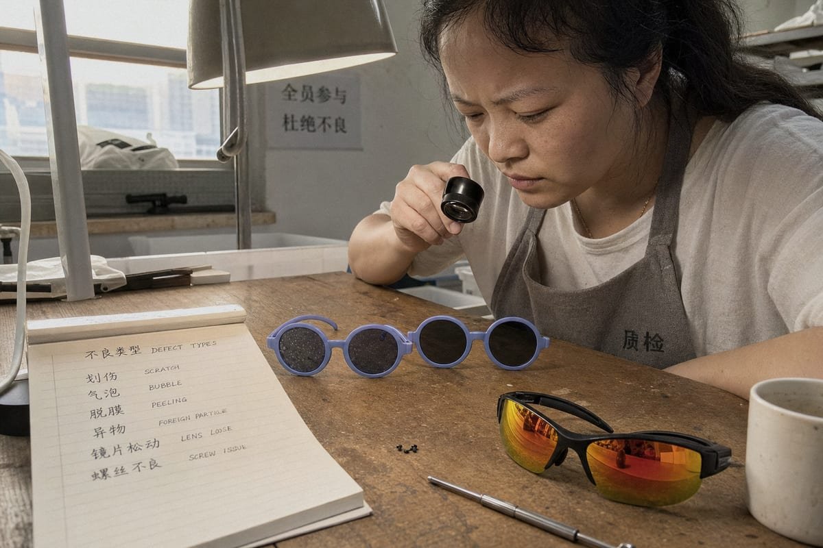 Manufacturing defects covered under kids sunglasses warranty like hinges and coatings (ID#2)