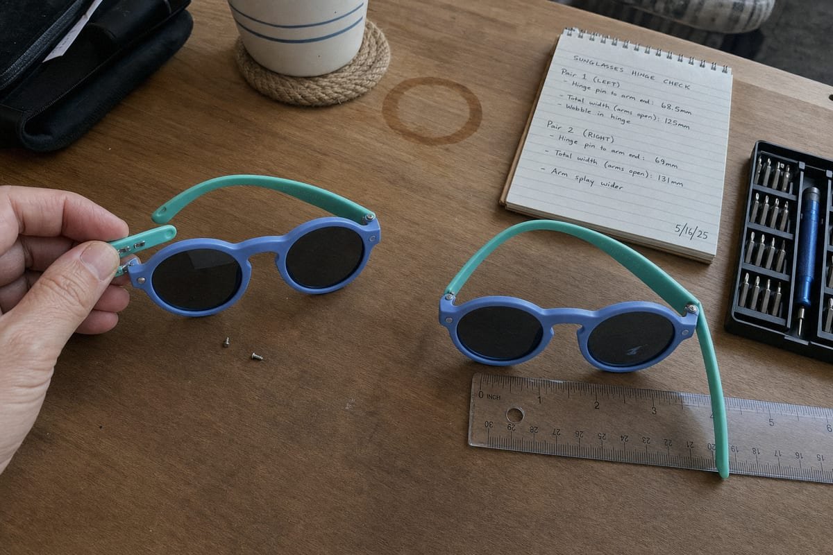 Hinge screws and worn temple arms causing kids' sunglasses to loosen over time (ID#2)