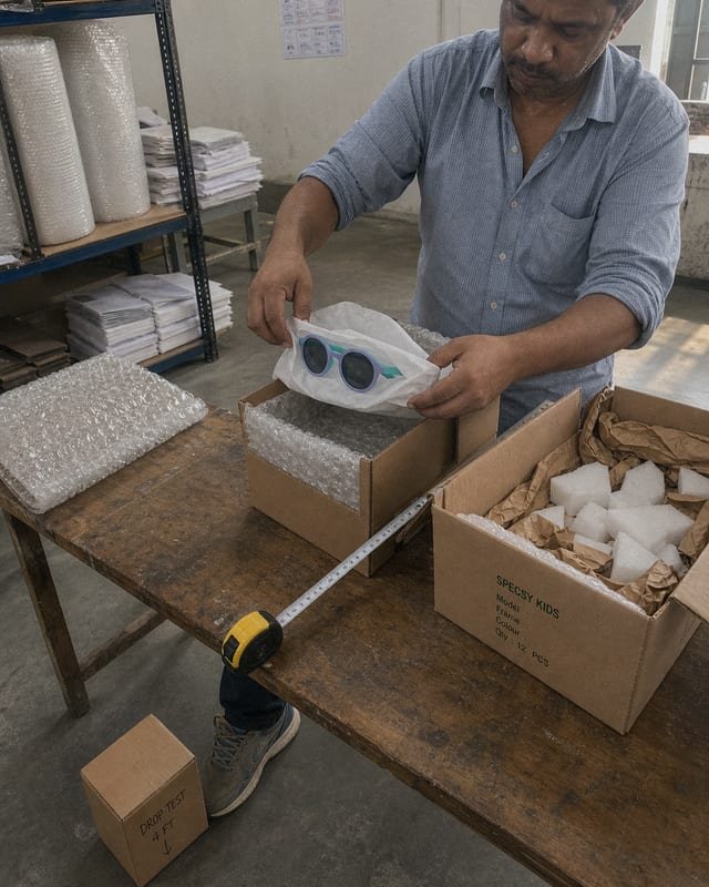 Safe Shipping Packaging Layered packaging system protecting kids' sunglasses during long-distance shipping with cushioning (ID#2)