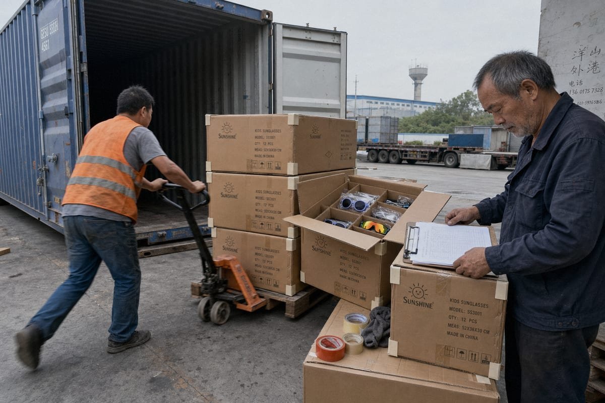Preventing Shipping Damage Partitioned packing method preventing lens scratches and frame warping in bulk container shipments (ID#3)