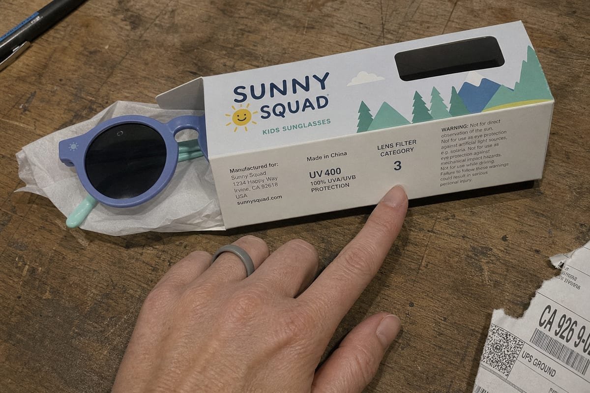Kids sunglasses label with UV protection statement and CPSIA tracking details (ID#2)