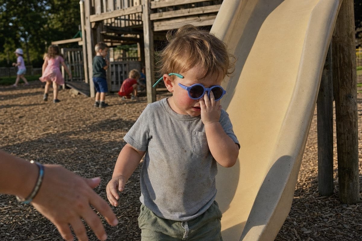 Toddler trying on safe UV400 sunglasses with flexible non-toxic frame (ID#3)