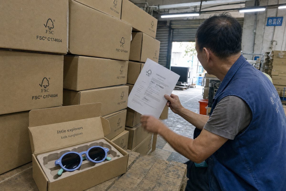 Key environmental certifications for kids' sunglasses packaging including FSC and GRS (ID#3)
