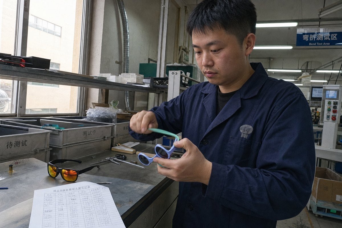 Certified UV400 lenses and TR90 frames proving true material quality standards (ID#3)
