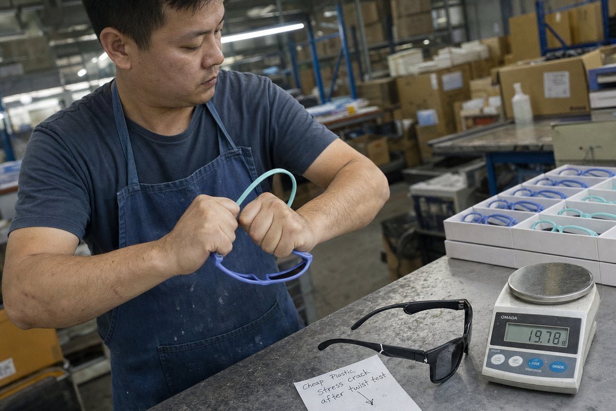 Testing TR90 and TPEE flexibility to verify authentic frame material from suppliers (ID#2)