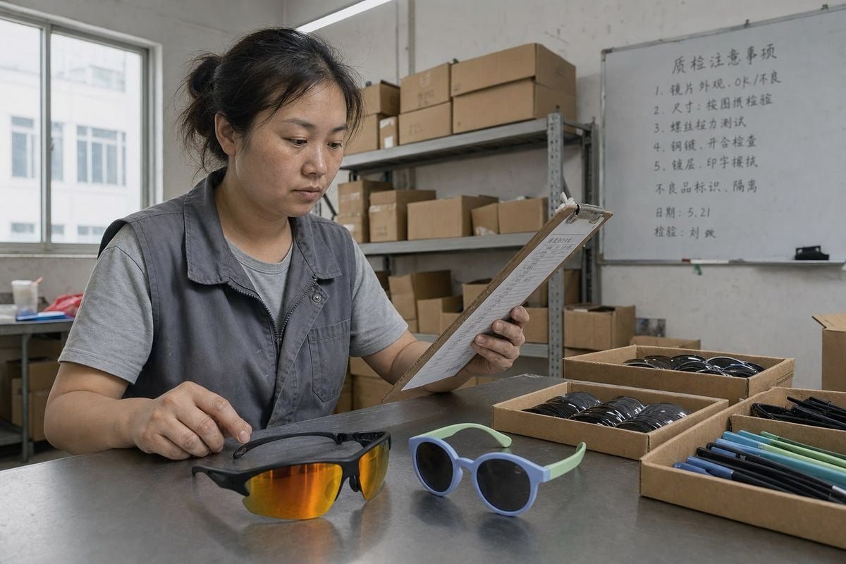 Key details to include in a kids' sunglasses spec sheet like materials and sizing (ID#2)