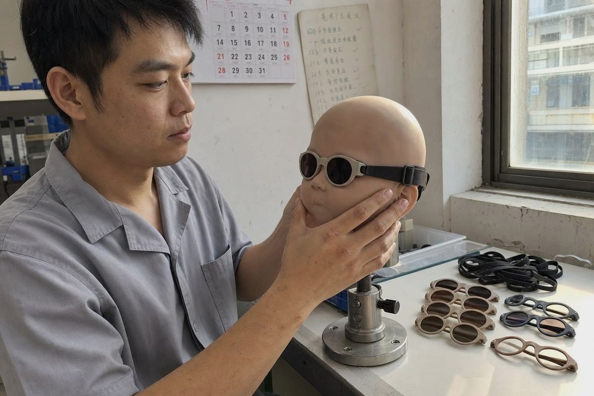 Baby Strap Sunglasses Baby wearing adjustable strap sunglasses designed for underdeveloped nose bridge and small ears (ID#2)