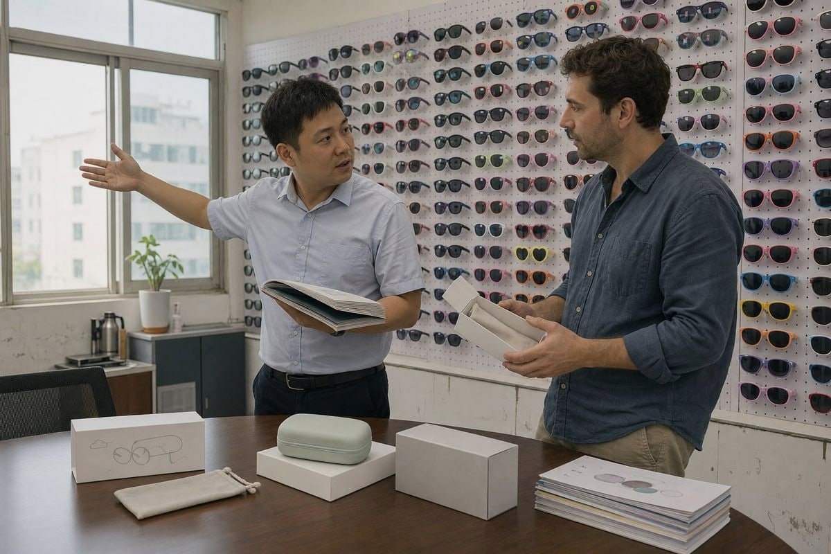 Supplier Packaging Collaboration Collaborating closely with suppliers to perfect branded eyewear packaging details (ID#5)