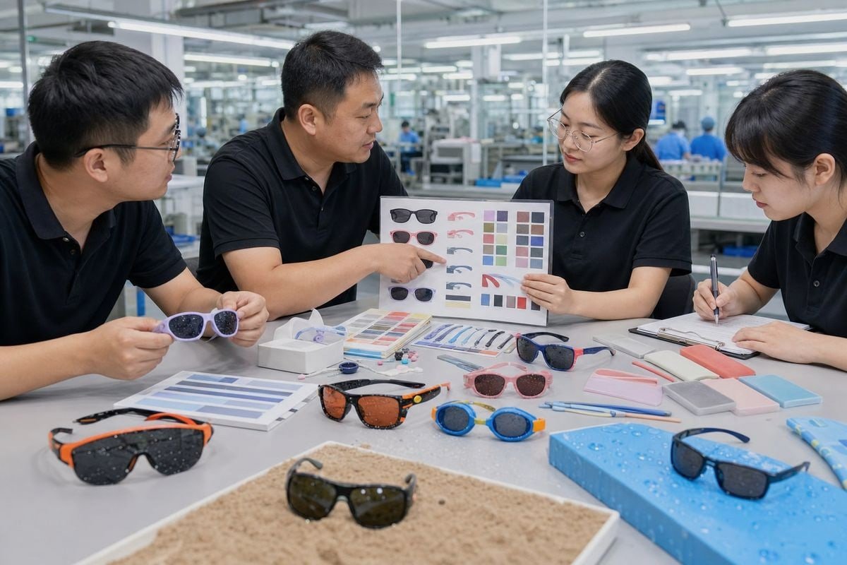 Custom Branded Sunglasses Options Custom colors, branding, and packaging options for OEM/ODM kids' beach sunglasses collections (ID#5)