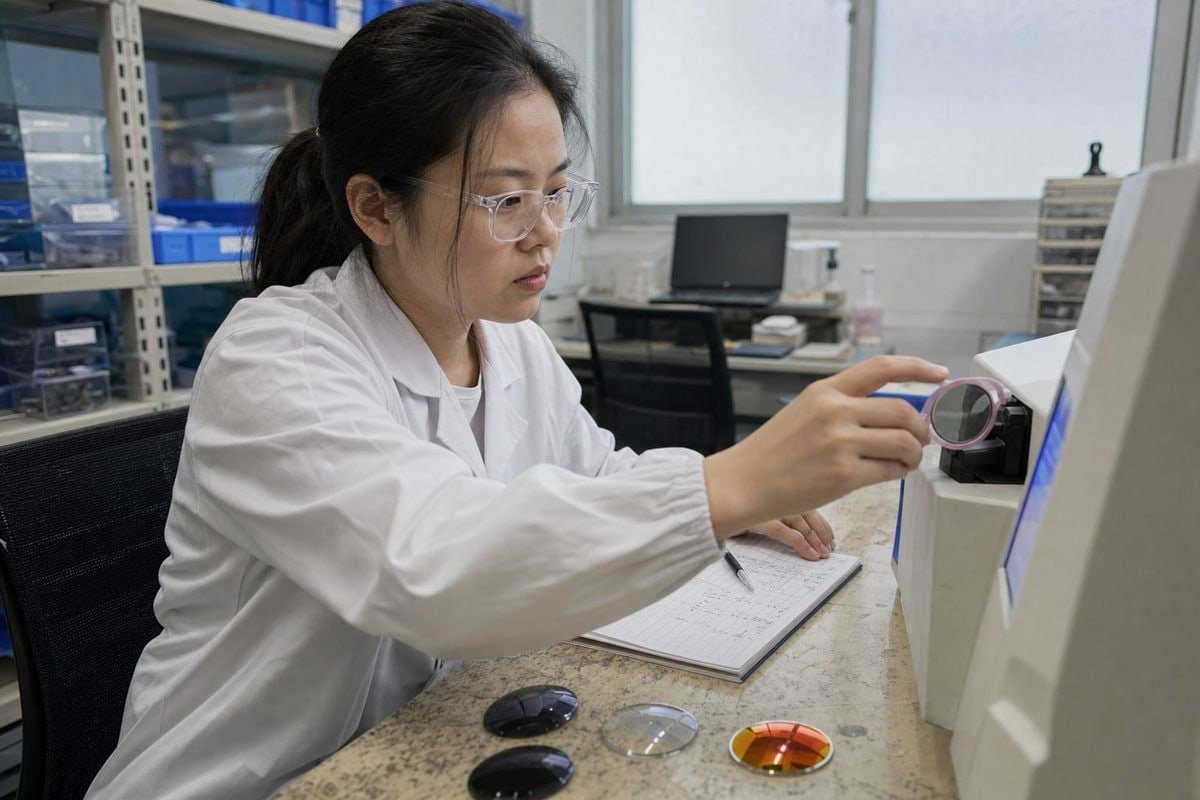 Lab technician verifying UV400 protection and impact resistance test reports for kids sunglasses (ID#3)