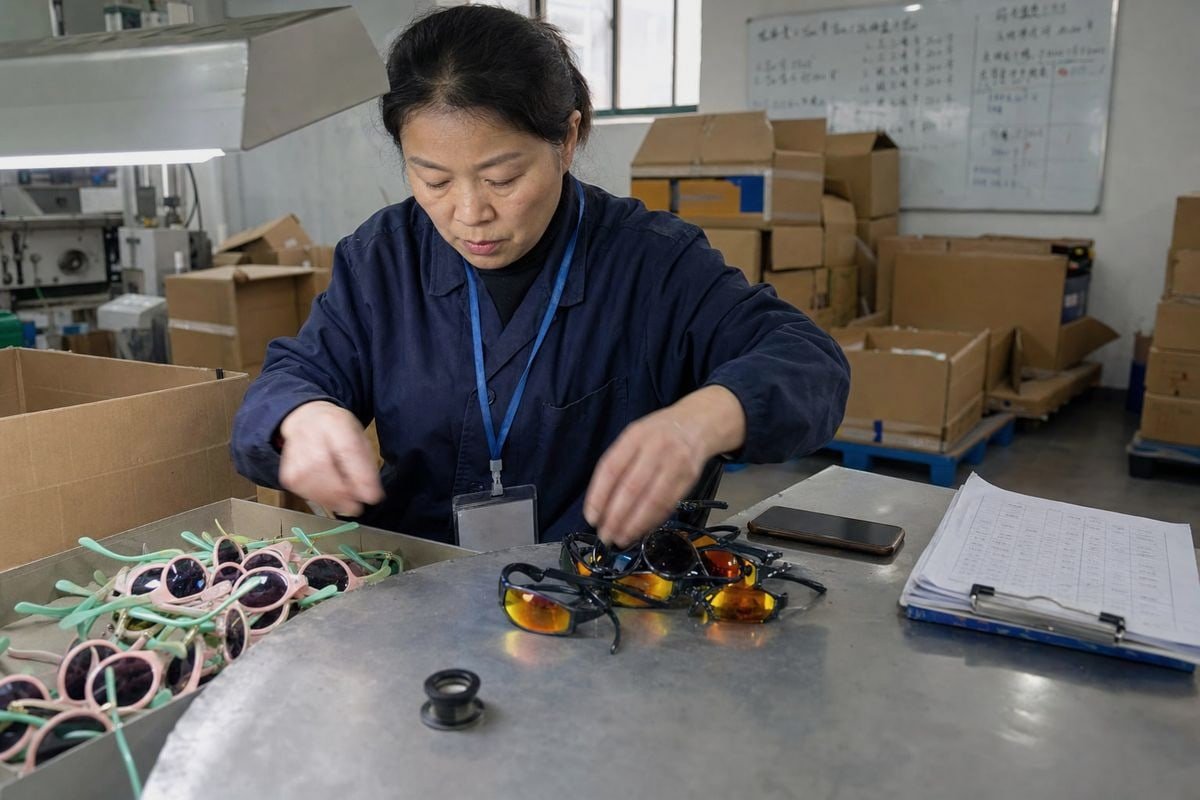 Documenting Sunglasses Defects Inspector documenting defective kids sunglasses with photos, SKU, and batch logs (ID#2)
