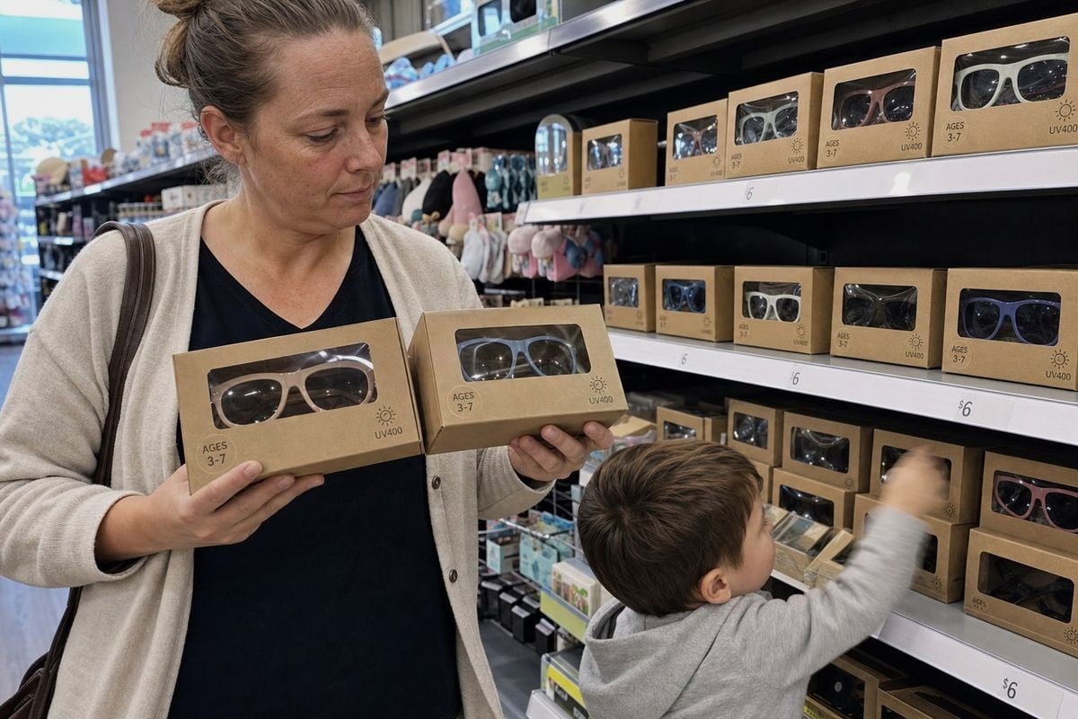 Parents examining kids' sunglasses packaging to decide what matters most (ID#1)