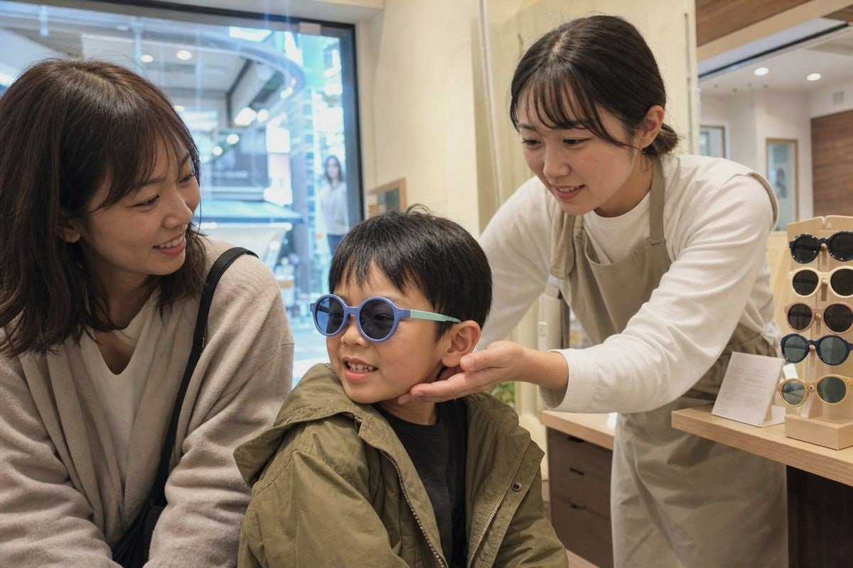 Testing Nose Pad Fit Children wearing sunglasses during a fit and comfort test before bulk ordering (ID#4)