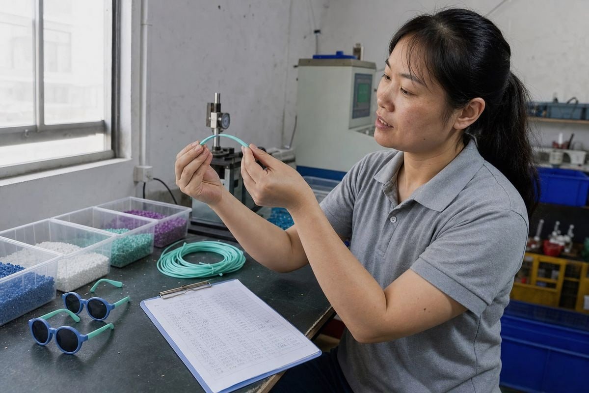 Flexible TR90 and TPEE materials keep temples secure without pinching sensitive skin (ID#3)