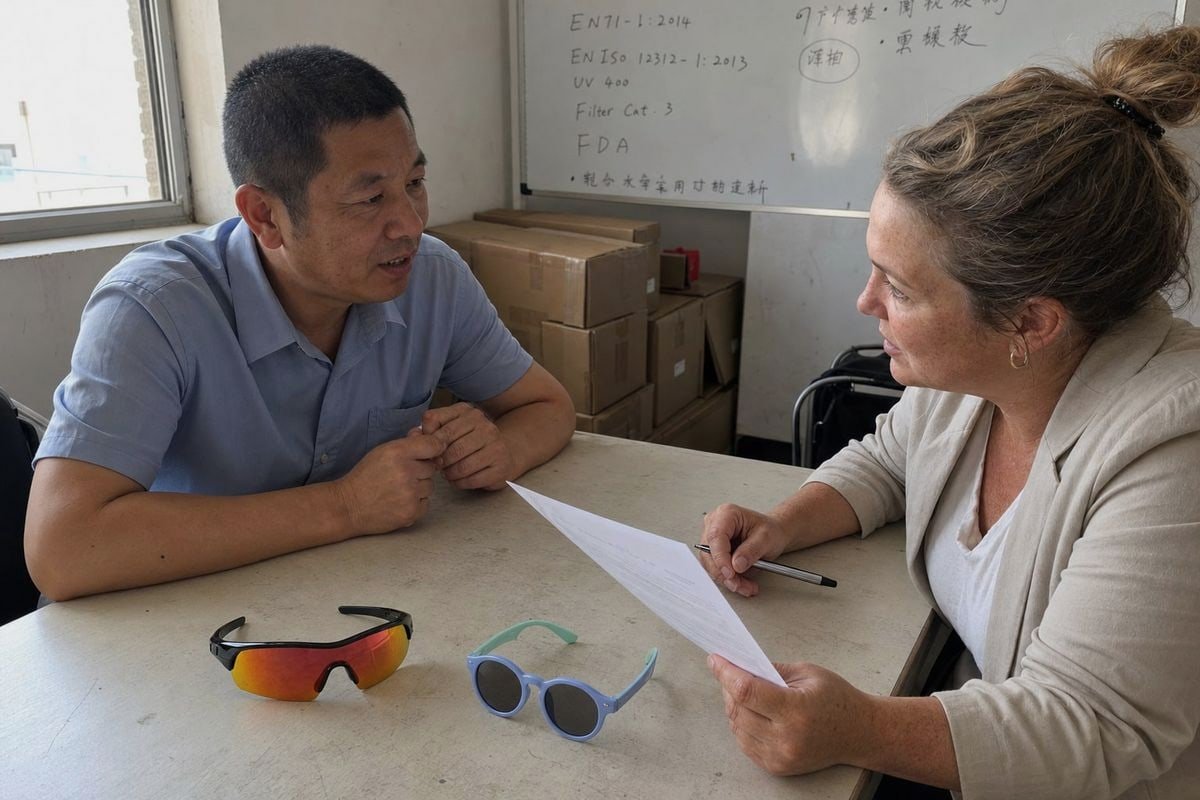 Kids' sunglasses contract covering quality standards, inspection, and liability terms (ID#1)