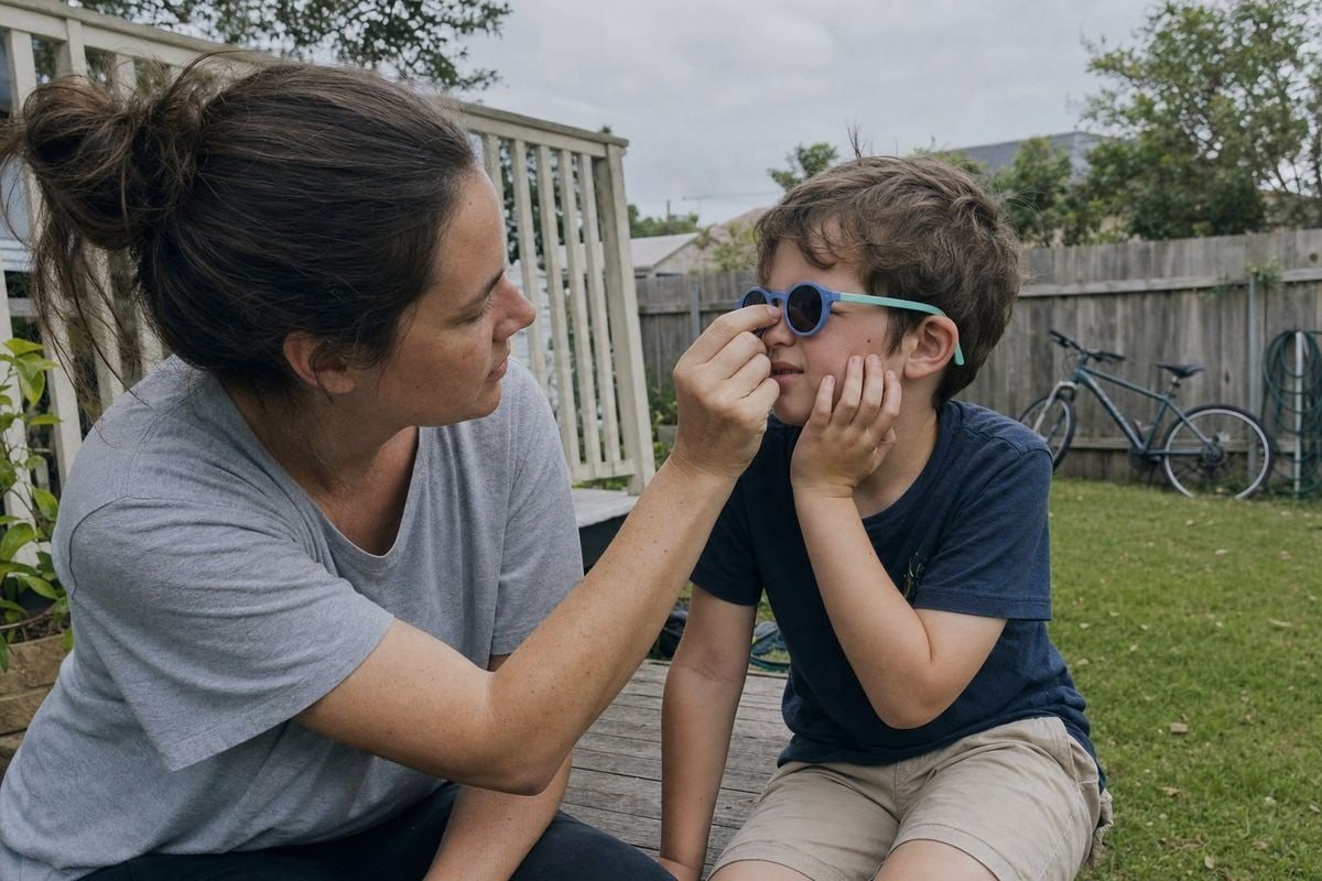Kids' sunglasses sliding down face indicating sizing or adjustment issue (ID#1)