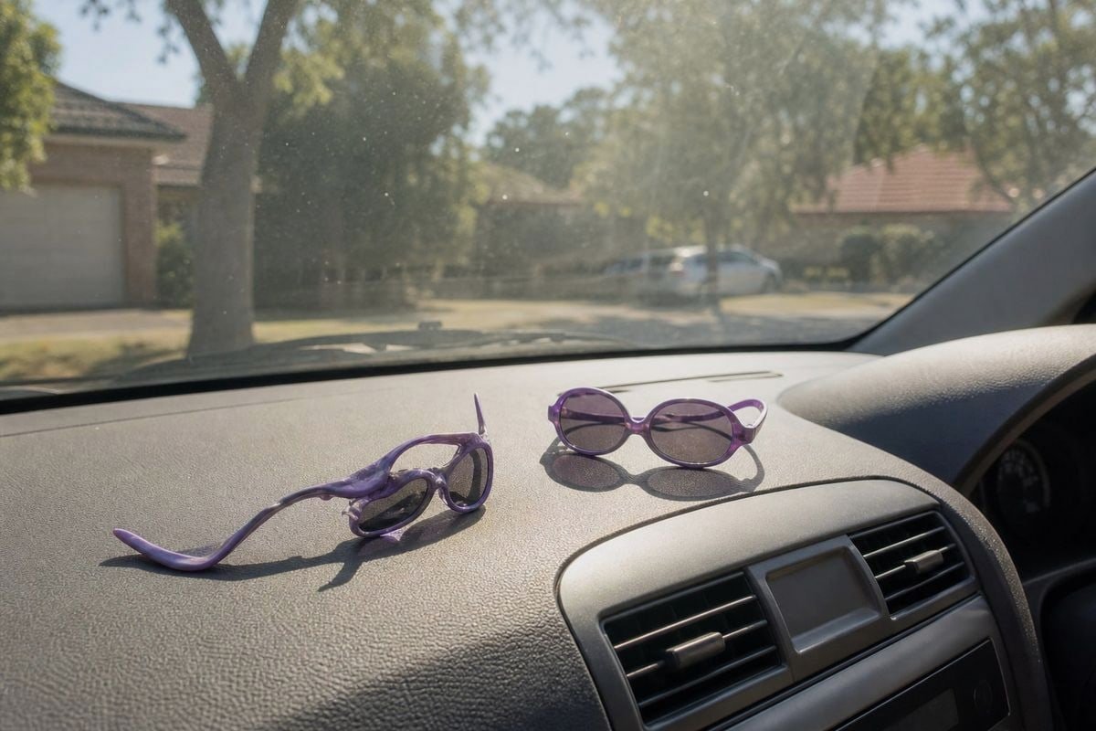 Kids' sunglasses left in a hot car exposed to summer heat damage (ID#1)