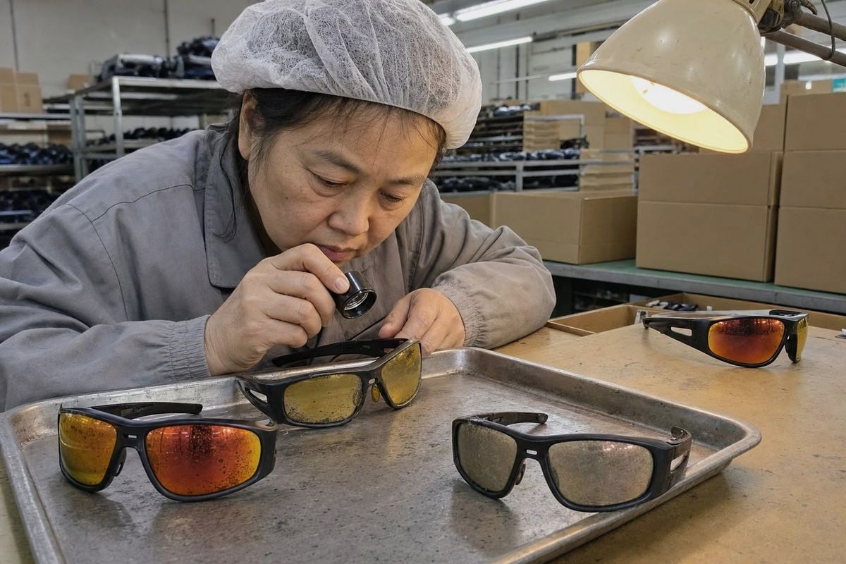 Kids sunglasses coating damage from sweat, sunscreen, and insect repellent exposure (ID#1)