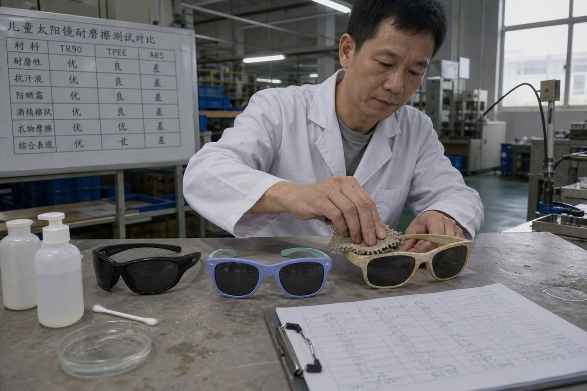 Manufacturer Durability Testing Pre-production durability testing for sunglasses against sanitizers, wipes, and clothing (ID#5)
