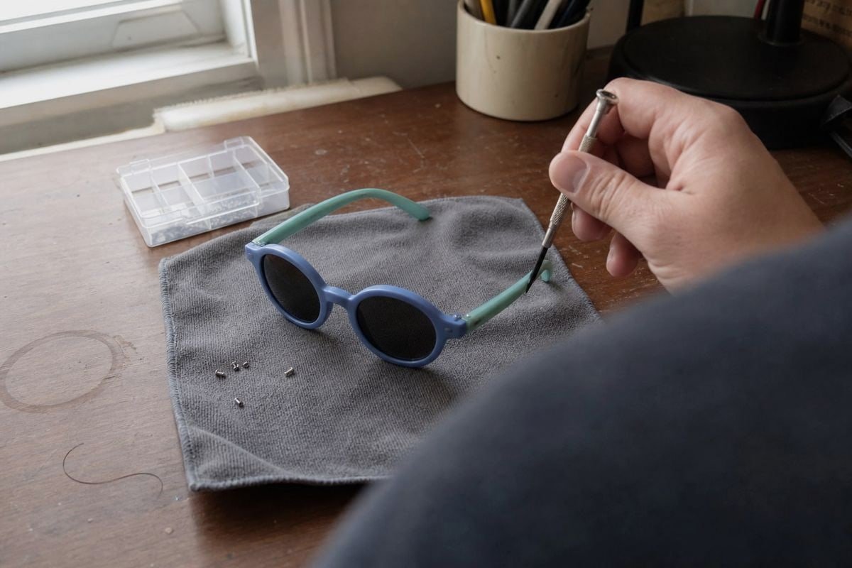 Tightening loose screws on child's sunglasses temples without special tools (ID#2)