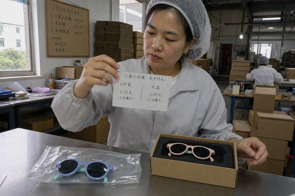 Cost impact of no-shelf-display packaging on kids' sunglasses per unit (ID#1)