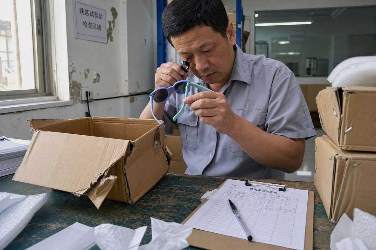 Manufacturer validating packaging strength with test reports before mass production shipment (ID#5)