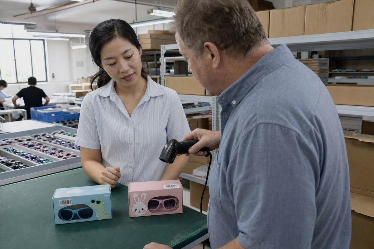 Barcode Accuracy Checks Quality checks verifying barcode accuracy before shipment of sunglasses products (ID#5)