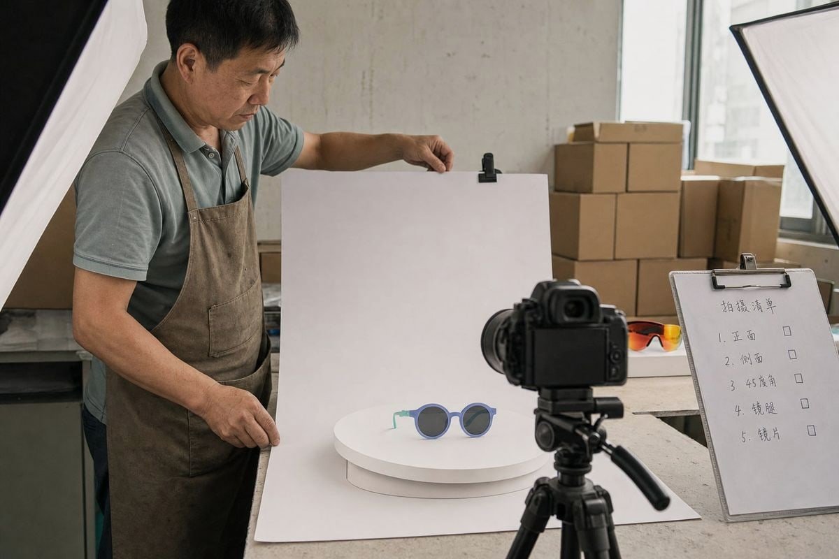 White background product photo setup with pure white Hex #FFFFFF and centered kids' sunglasses (ID#2)