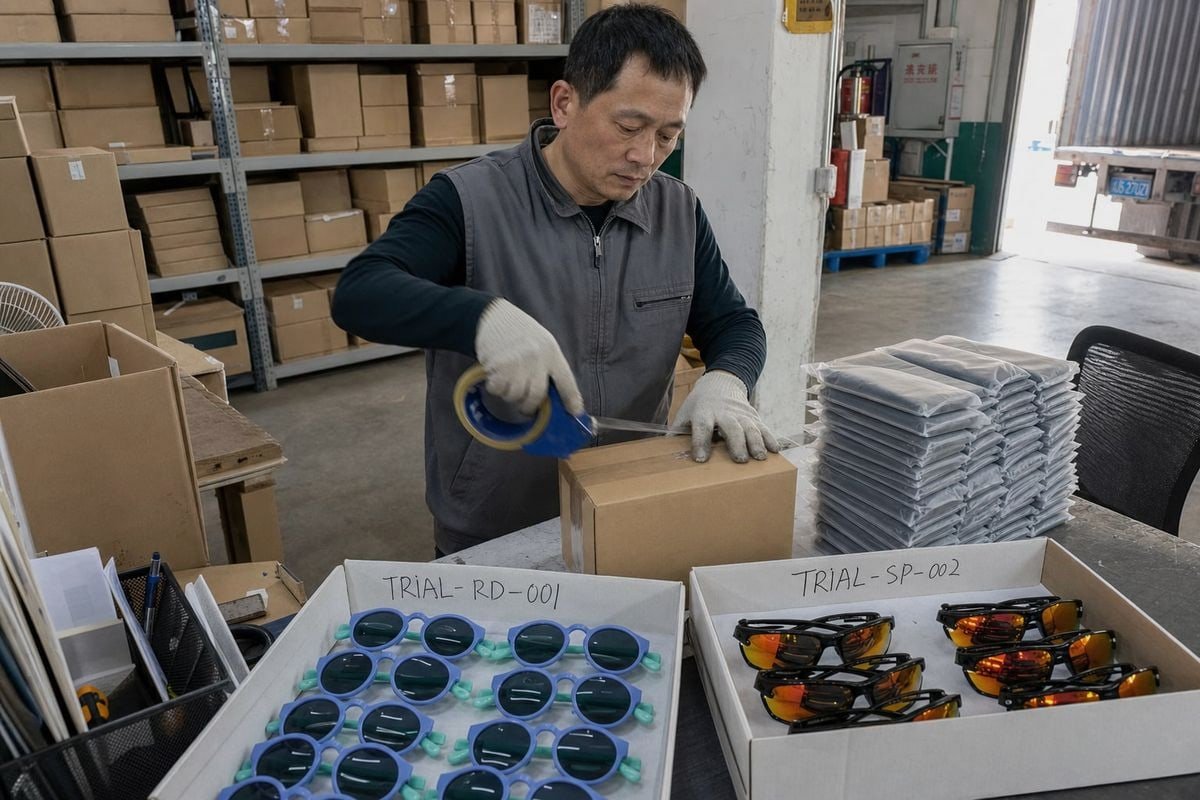 Small Batch Quality Consistency Ordering small trial batches of sunglasses while maintaining consistent quality control standards (ID#5)