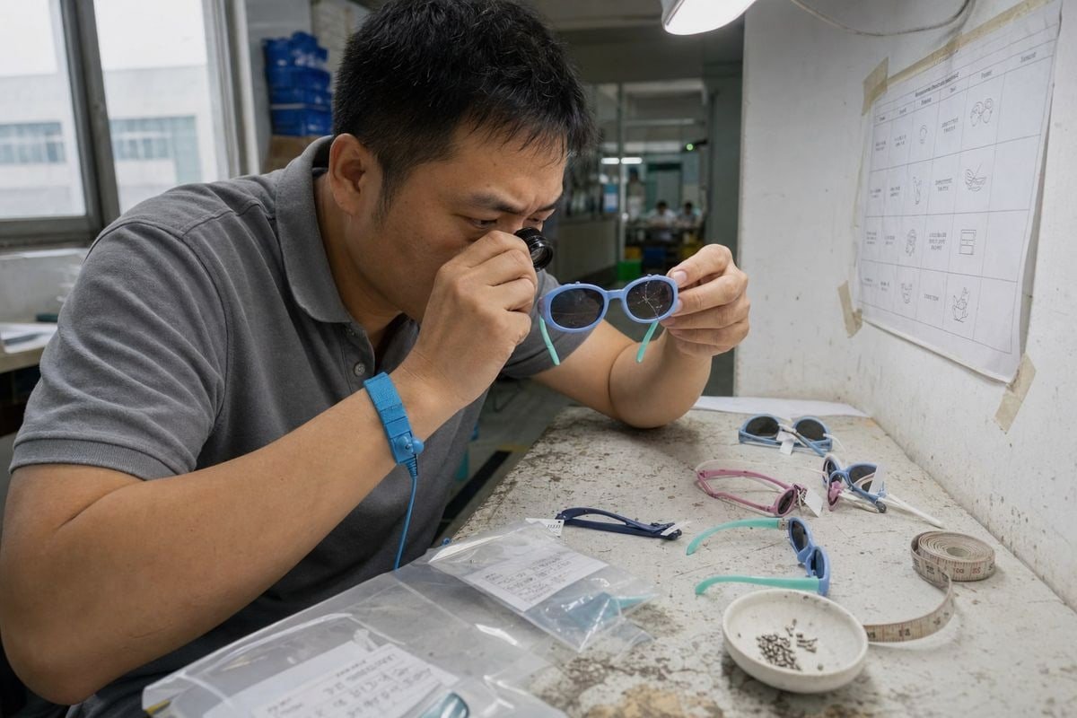 Manufacturer testing shatter-resistant TR90 lenses to reduce reportable eye injury risks in kids' sunglasses (ID#5)