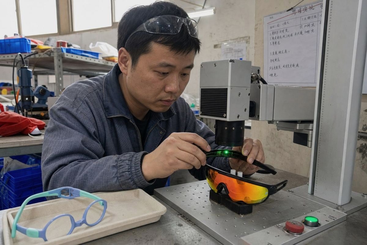 Laser engraving and pad printing methods ensuring durable origin marks on sunglasses (ID#2)