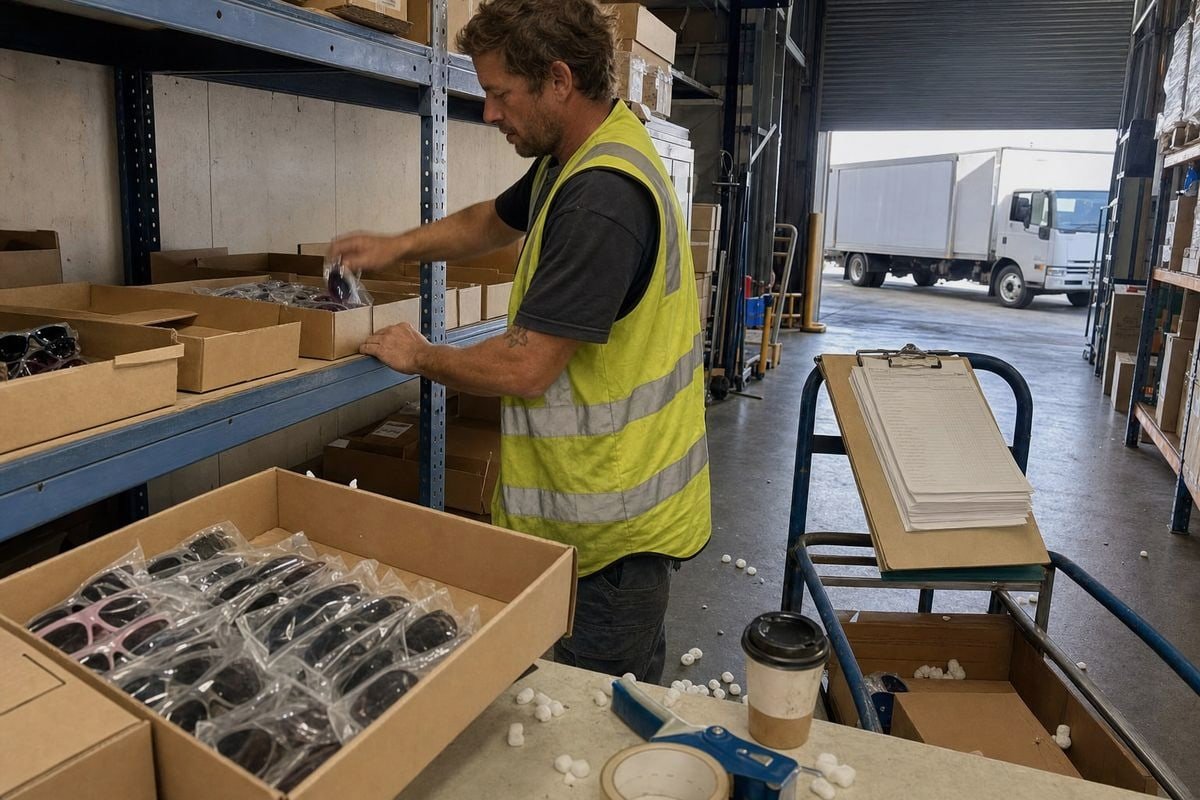 Warehouse worker managing kids sunglasses stock to cut cross-border return shipping costs (ID#3)