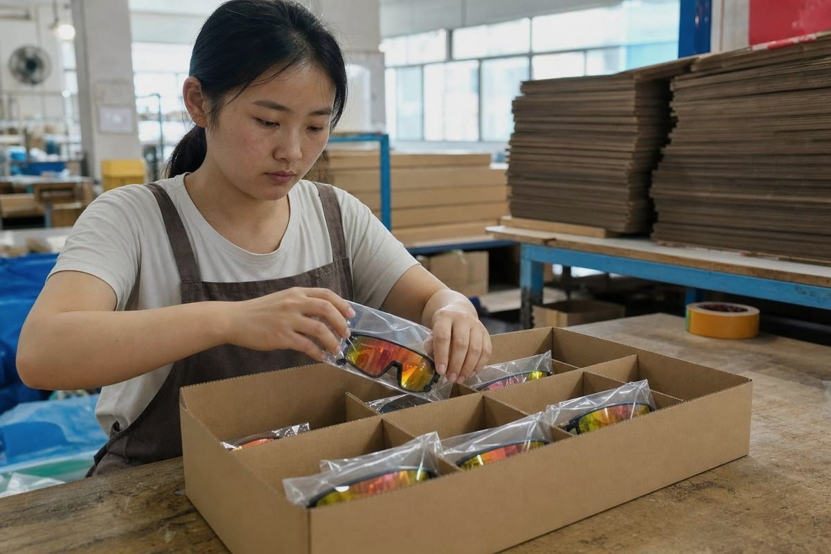 Quality control inspector testing children's eyewear hinges and UV400 lenses before shipment (ID#4)