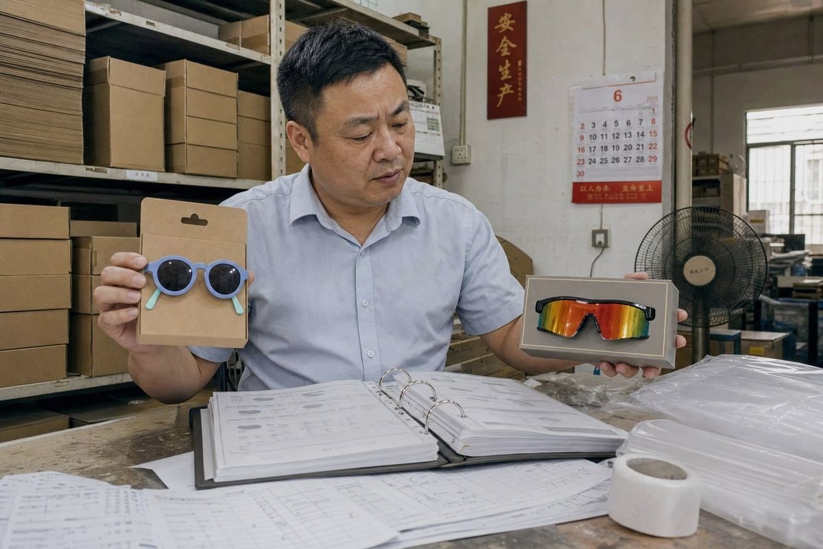 Deciding whether factories or designated suppliers should handle kids sunglasses packaging and labeling (ID#1)